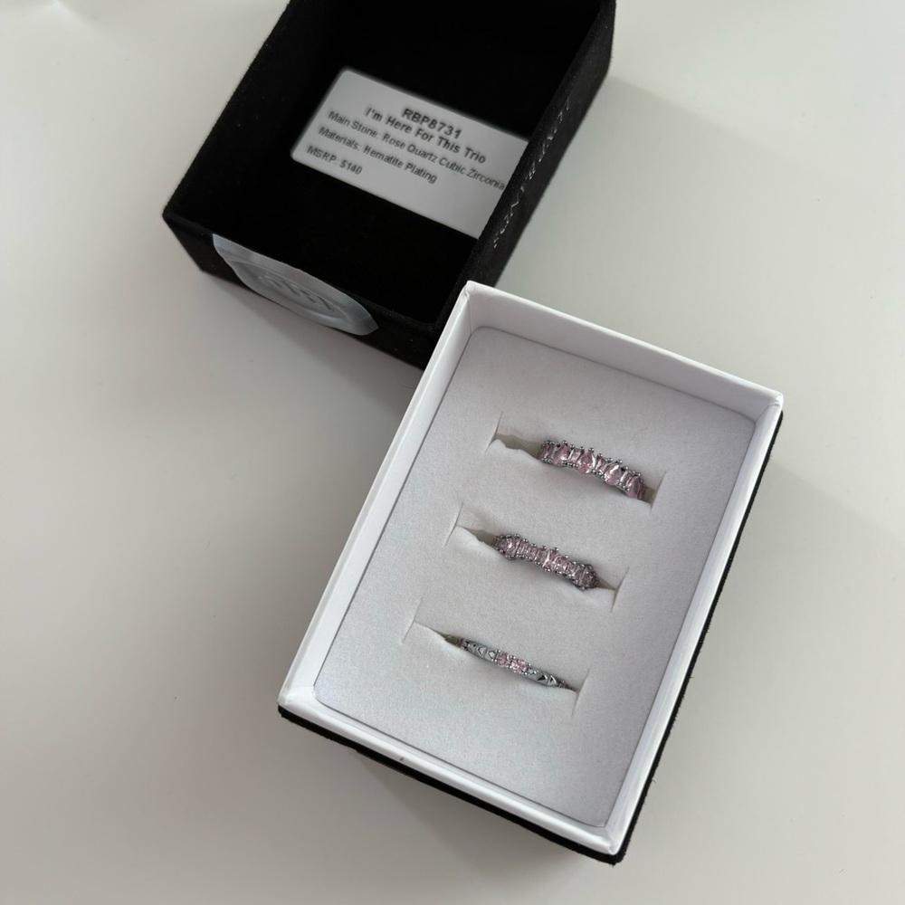 Bomb Party I’m Here for This Trio Luxe Bands Rose Quartz CZ Hematite Plating - Picture 4 of 8